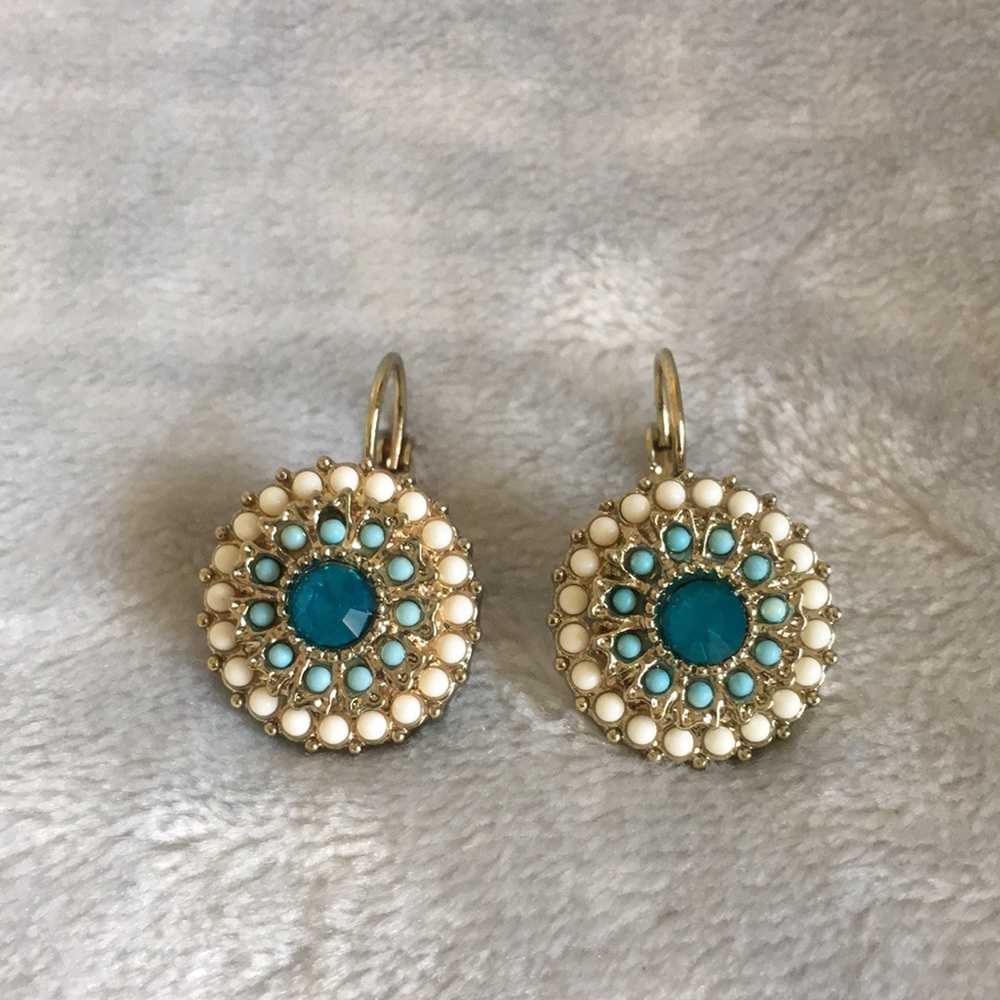 Aqua & Sand Colored Lever Back Bead Encrusted Pierced Fashion Earrings NWOT 1” - Picture 2 of 10